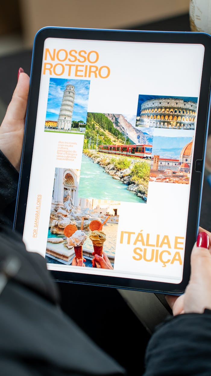 gallery-6 Digital itinerary with landmarks from Italy and Switzerland displayed on a tablet.